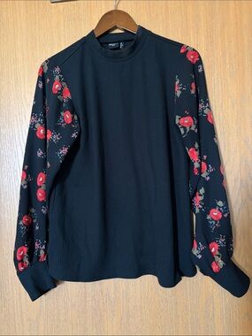 Black Long-Sleeve Shirt with Red Floral Sleeves